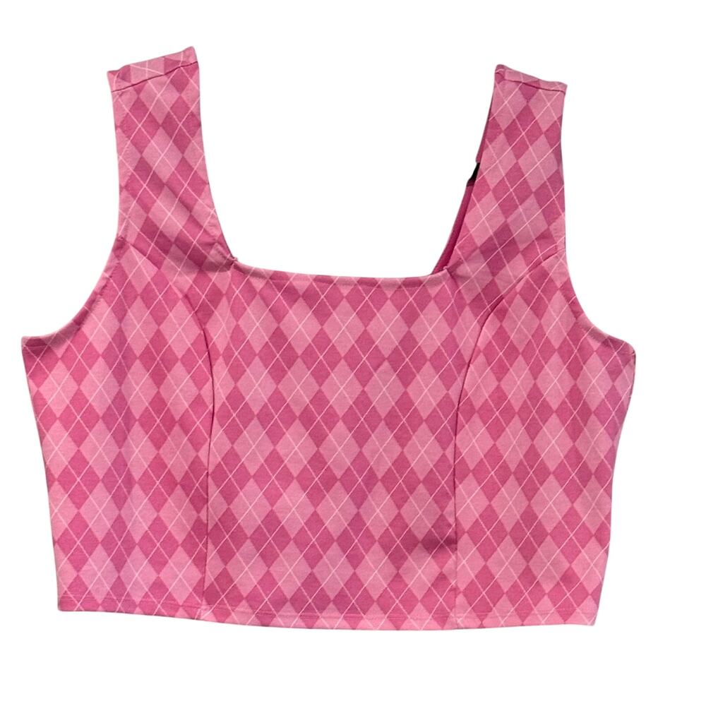 Madden NYC Pink Argyle Crop Top XXL Plus Square Neck Barbiecore Preppy Tank NWT